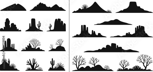Desert landscape silhouette collection with mountains cacti rocks trees and terrain elements for nature scene vector design set