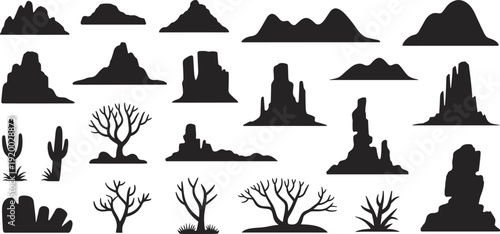 Desert rock formations cactus and dry tree silhouettes collection isolated for landscape design western terrain and nature vector elements set