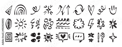 Black doodle icons featuring suns, leaves, stars and festive sparks for seasonal greetings and cheerful campaigns mix of hearts, arrows, paw prints and bubbles creates versatile assets for cards,