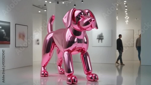 A large pink shiny balloon dog sculpture is showcased prominently in a modern art gallery as visitors walk by.