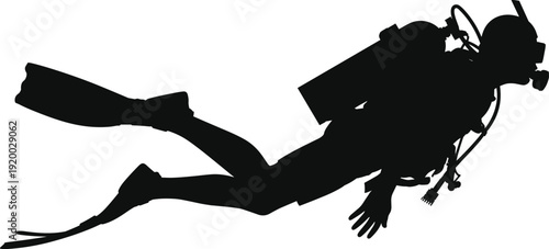 Scuba diver silhouette underwater with tank, mask and fins, professional diving sport vector illustration isolated on white background