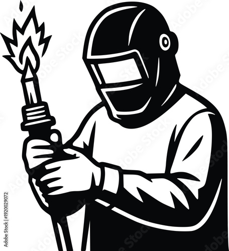 Welder with Torch Illustration: Black and White Vector Graphic for Industrial, Construction, and Craftsmanship Projects. Isolated Icon for Commercial Use.