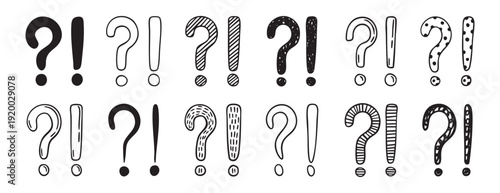 Exclamation and question marks set collection doodle hand drawn icon. Outline drawing punctuation line clipart symbol.