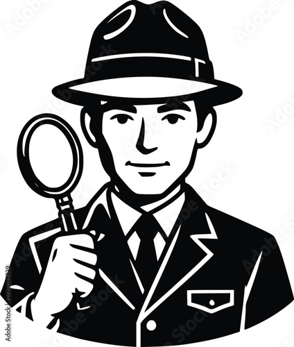 Retro Detective with Magnifying Glass, Vector Illustration. Classic noir style character in a fedora and suit, holding a magnifying glass. Ideal for mystery, investigation, and ...