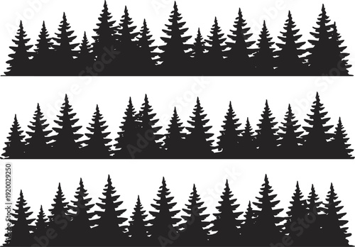 Evergreen pine forest silhouette borders with fir and spruce trees, natural woodland landscape vector set isolated on white background