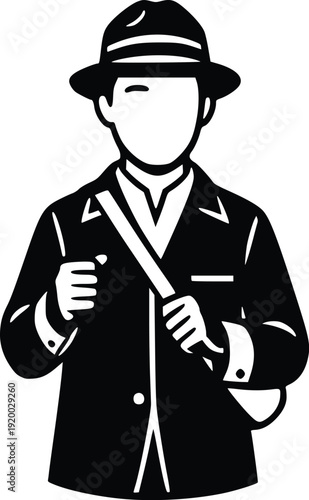 Retro Man with Fedora and Bag Vector Illustration: Vintage Gentleman, Messenger, Courier, Business Professional Icon for Branding, Web Design, and Editorial Use - Isolated Black...