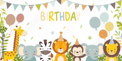 A colorful birthday illustration featuring animals and festive decorations