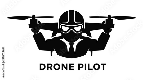 A black and white graphic of a drone pilot wearing a helmet and goggles isolated on white background, Vector