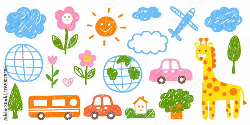 Child s crayon drawing featuring a sun clouds animals and vehicles