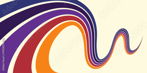 Abstract colorful 70s background vector. Vintage retro wallpaper with rainbow stripes and wavy lines. A 1970 color illustration suitable for posters, banners, decorative items and wall art.