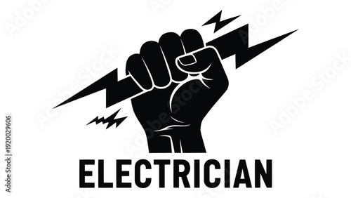 A clenched fist with a lightning bolt symbolizing the power and skill of an electrician isolated on white background, Vector