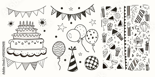 Hand drawn birthday party elements including cake balloons and decorations