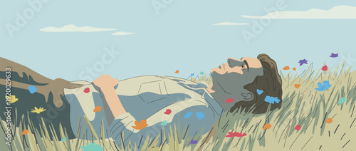 stress relief therapy concept, businessman relaxing on green grass,  looking at the summer sky,  calm solitude mood , vector art , wide banner 