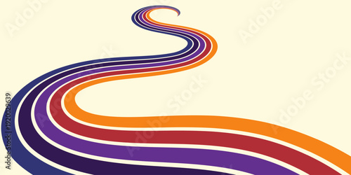 Abstract colorful 70s background vector. Vintage retro wallpaper with rainbow stripes and wavy lines. A 1970 color illustration suitable for posters, banners, decorative items and wall art.