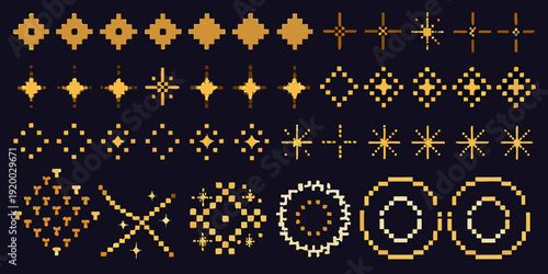 Golden pixelated geometric shapes arranged in rows on a dark background