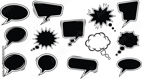 Collection of various comic book style speech bubbles and thought clouds on white background