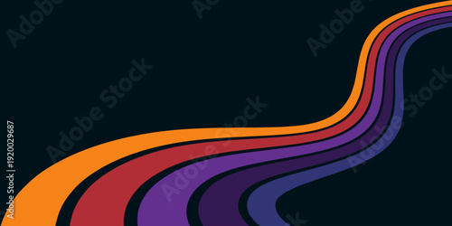 Abstract colorful 70s background vector. Vintage retro wallpaper with rainbow stripes and wavy lines. A 1970 color illustration suitable for posters, banners, decorative items and wall art.
