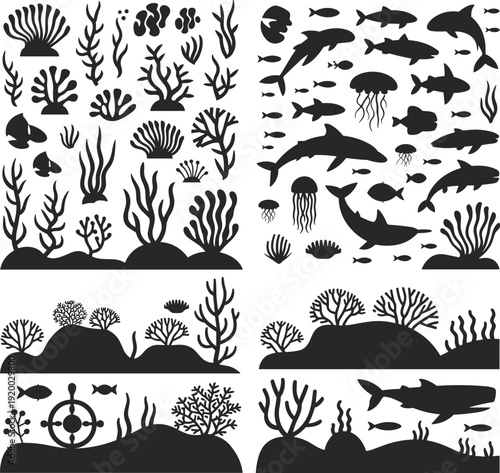 Marine underwater silhouettes with coral reefs, fish, sharks, dolphins and jellyfish, ocean ecosystem vector illustration collection set