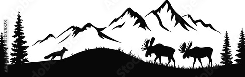 Wildlife landscape silhouette with mountains, forest, moose and fox in nature scene isolated vector illustration for outdoor design