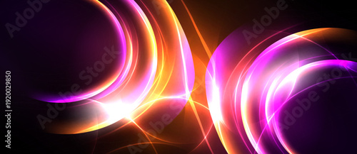 Abstract light curves, vibrant colors, dynamic energy. Bright streaks intersect dark background creating visual impact.
