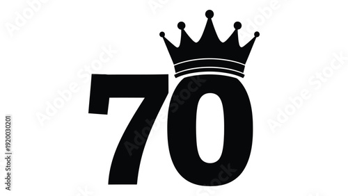 A black and white image of the number seventy with a crown on top isolated on white background, Vector
