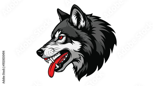 A detailed illustration of a black wolf with a red tongue sticking out isolated on white background, Vector