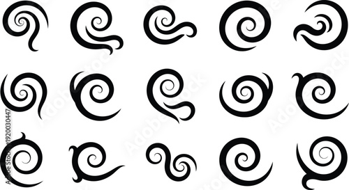 set of black swirl shapes on white background for design