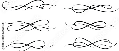 set of six elegant black swirling calligraphy lines and curves for decoration and design