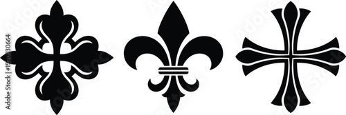 set of three black ornamental crosses and fleur de lis symbols