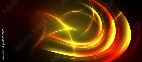 Bright abstract lines swirl, glowing yellow, orange hues against dark background. Dynamic energy radiates from center.