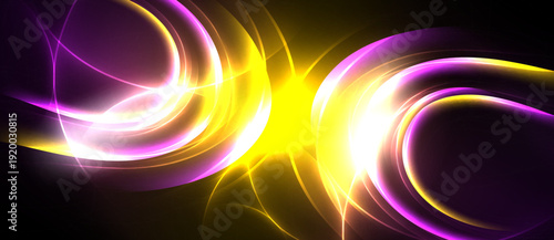 Abstract swirls, vibrant yellow center, purple accents. Dynamic energy radiates from luminous curves, creating striking visual impact.