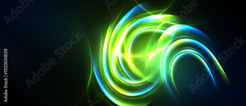 Bright swirling lights create abstract energy flow. Vivid green, blue hues dominate dark background. Dynamic, modern visual.