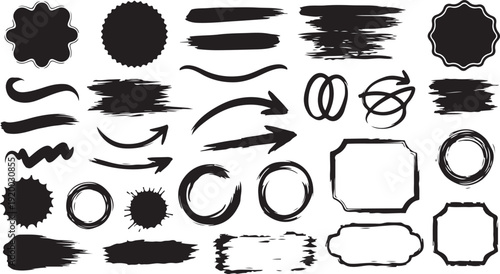 Collection of black ink brush strokes and shapes on white background