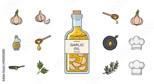 Garlic Oil Bottle with Ingredients and Cooking Utensils Icons Set