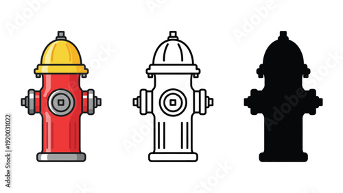 Three different colored fire hydrants on a white background