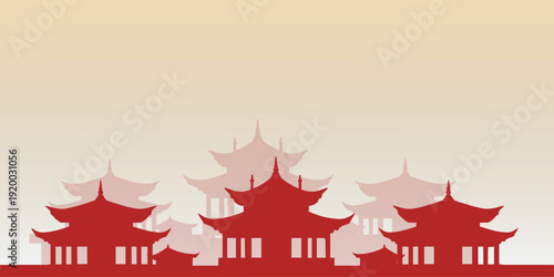 Asian pagoda skyline vector illustration with layered temple silhouettes and soft gradient background, cultural landscape design ideal for travel themes, posters, banners, branding, and digital graphi
