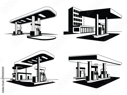 Isometric design showing black and white gas station and toll booths, vector illustration set for transportation, infrastructure, and urban planning projects.
