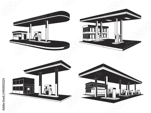 Isometric vector collection, black and white illustrations of gas station and toll booths, ideal for map design, city planning, and creative projects.