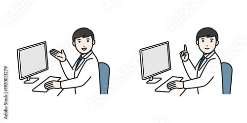 パソコンに向かっている白衣の男性