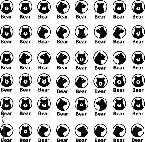 Collection of bear head logo templates in circular frames, featuring various wild animal silhouettes and grizzly grizzly bear icons for branding and outdoors.