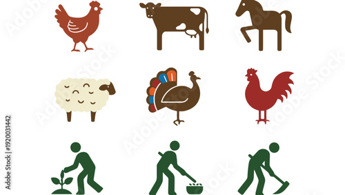 A colorful illustration of farm animals and workers on a farm