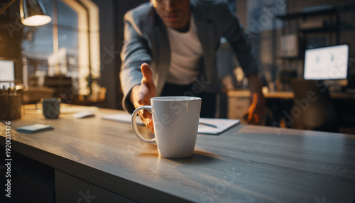 A young man sits at a cafe table holding a hot ceramic mug while taking a morning coffee break with his laptop and computer nearby