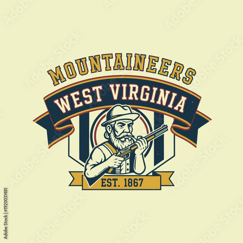West Virginia Mountaineer: A vintage emblem showcases a classic illustration of a mountaineer, ready with a rifle, representing the spirit and heritage of West Virginia. 