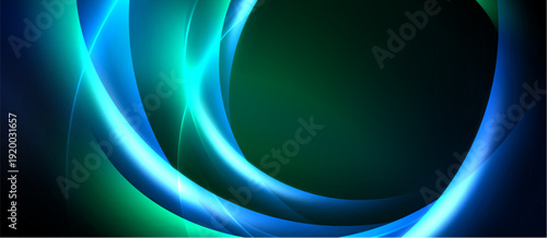 Abstract background features luminous curves, vibrant blues, greens. Dark center creates depth, modern aesthetic. Smooth gradients define shapes.