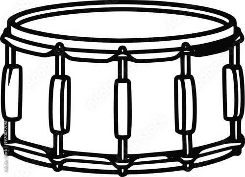 Vector Illustration of a Snare Drum, Black and White Outline Graphic, Isolated on White Background. Percussion Instrument Icon for Music, Concert, and Creative Projects.