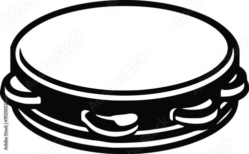 Black and White Vector Illustration of a Tambourine with Jingle Bells, Isolated on White Background. Simple Icon for Music, Rhythm, and Celebration Themes. Clean Graphic for Web...