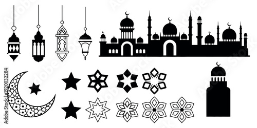 Big Collection of Islamic Ramadan Kareem and Eid Mubarak Decoration Elements with Mosque Lantern and Moon Vector Illustration.