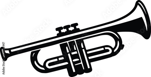 Black and White Vector Illustration of a Trumpet, Isolated on White Background. Classic Musical Instrument Graphic for Jazz, Music Education, Performance, and Design Projects.