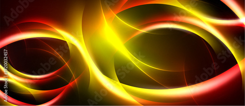 Abstract design features flowing curves, vibrant colors. Red, yellow, orange blend creating dynamic visual impact. Dark background enhances luminosity.