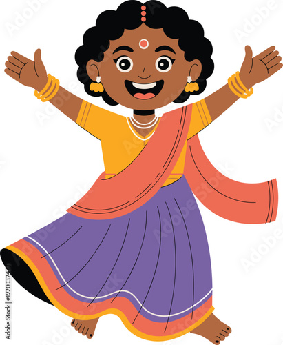 Indian Girl Dancing Joyfully in Traditional Attire, Festive Celebration, Stock Illustration